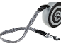 Retractable dog leash with reflective tape and metal snap hook.
