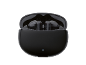 Black wireless earbuds in an open charging case with a glowing indicator light.