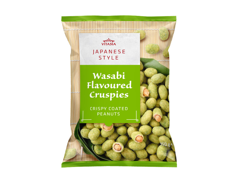 Packaging of Japanese style wasabi flavoured crispy coated peanuts, 150 g.