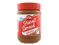 Jar of smooth biscuit spread with a red label, featuring a 'New' badge and a vegan logo.