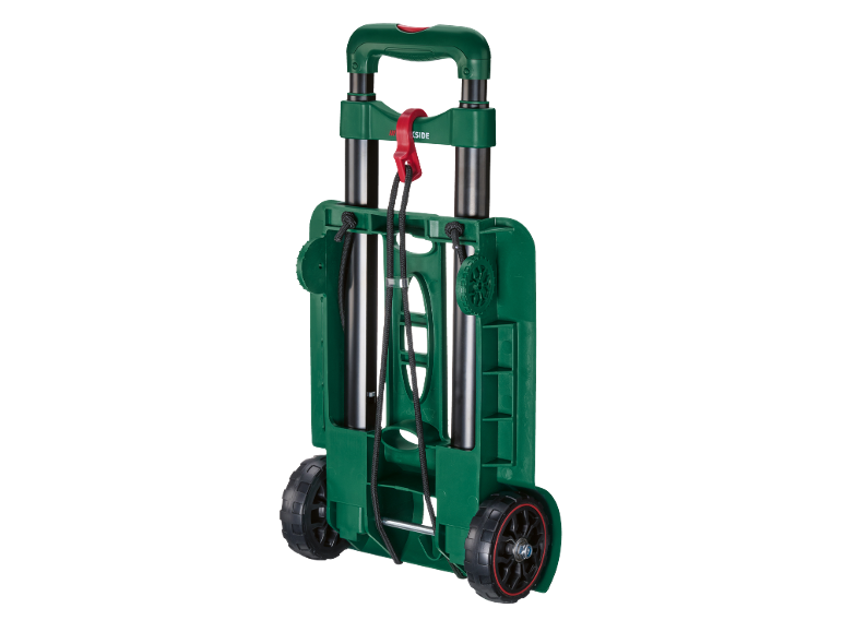 Green foldable transport trolley with telescopic handle and elastic straps.