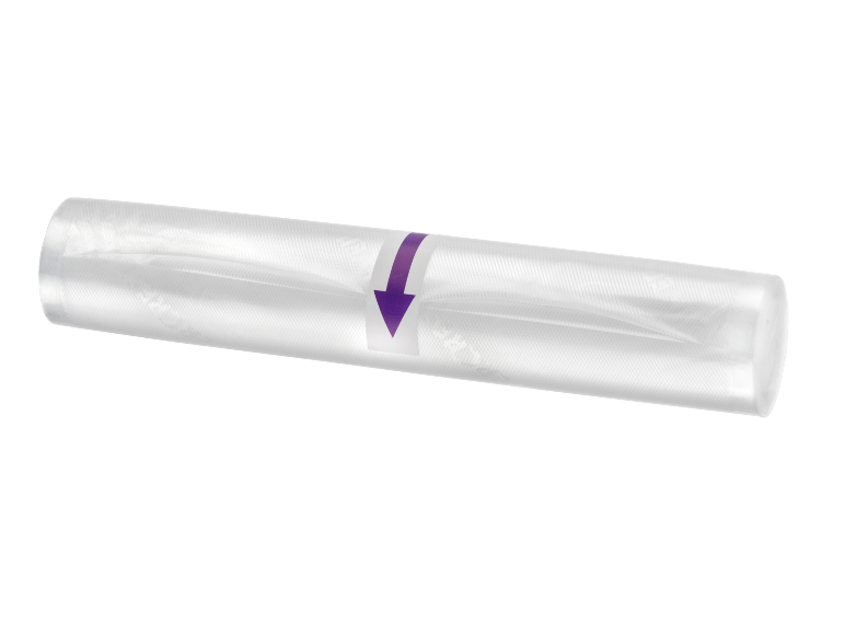 Clear vacuum bag roll with a purple arrow in the center