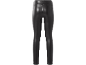 Black faux leather leggings with an elastic waistband and a tight fit.