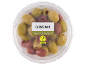 Clear plastic tub of olive mix, featuring green Chalkidiki and Kalamon olives.