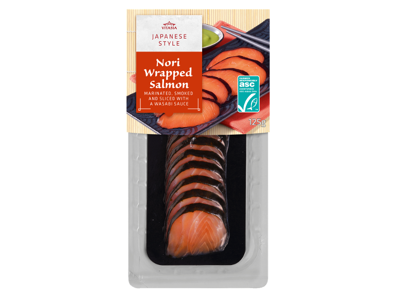 Japanese style nori wrapped salmon, marinated, smoked and sliced with a wasabi sauce, 125g.