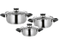 Set of three stainless steel pots with glass lids and black handles.