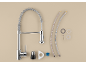 Kitchen faucet with pull-out sprayer and mounting parts.