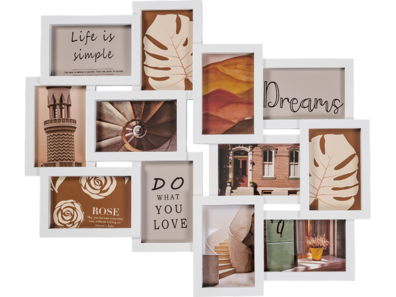 Multi photo frame with various images and inspirational quotes.