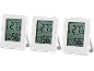 Three white digital thermometer-hygrometers, displaying 27.5°C and 56% humidity