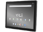 Black tablet with screen on showing time, battery percentage, and app icons.