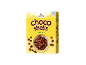 Box of chocolate shell-shaped cereal, with a bowl of cereal and milk.