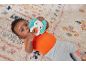 Baby lying on a patterned rug, holding a lion-shaped teether.