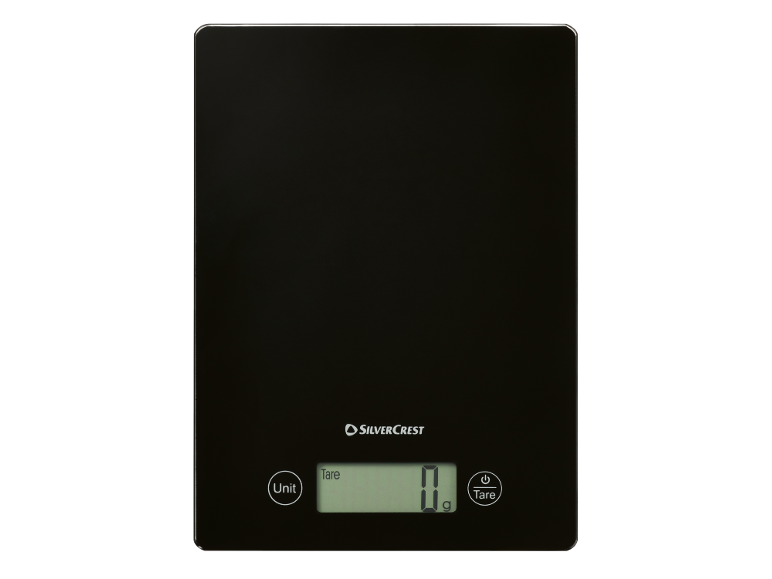 Black digital kitchen scale with '0 g' display and 'Unit' and 'Tare' buttons.