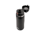 Black insulated water bottle with an open flip-top lid and a red locking mechanism.