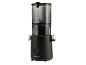 Black electric juicer with a transparent container and a control dial.