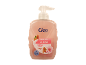 Pink liquid soap with pump, almond scented, hydrates the skin, without microplastics.