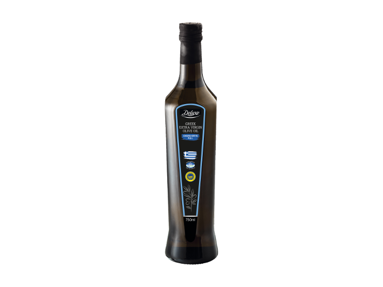 Bottle of Greek extra virgin olive oil with a black and blue label, 750ml.