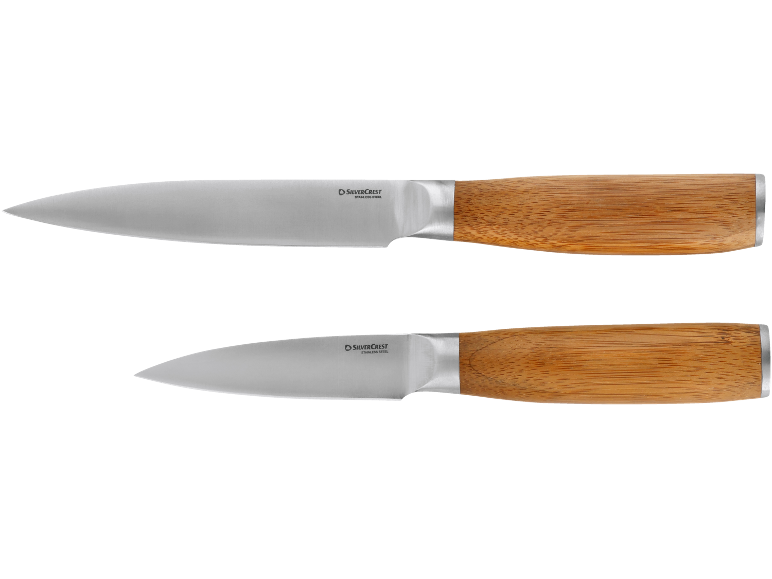 Two kitchen knives with stainless steel blades and wooden handles.