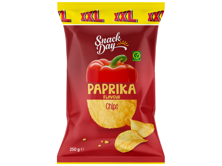 XXL paprika chips in a red bag with a vegetarian label, 250g.