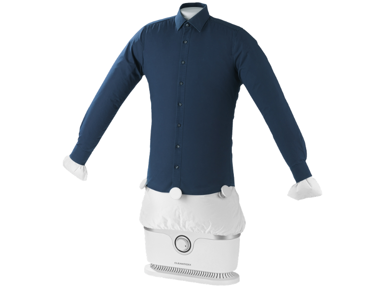 Automatic shirt dryer and ironer with a blue shirt