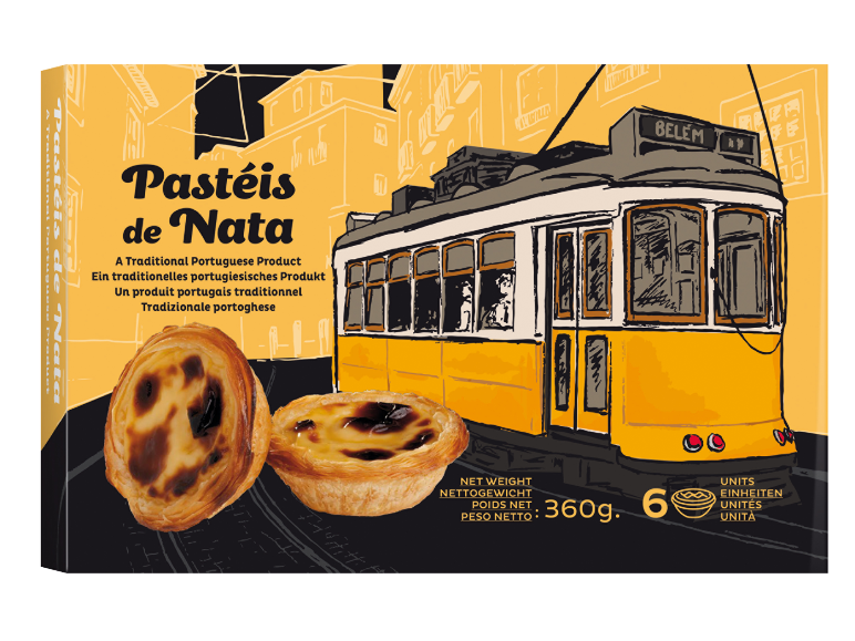 Box of Pastéis de Nata with Lisbon tram illustration, 360g, 6 units.