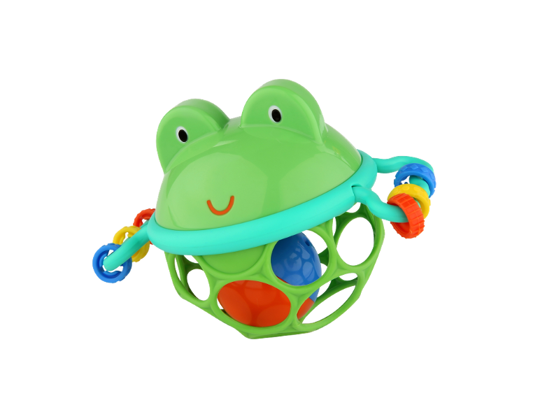 Green frog-shaped baby rattle with colorful rings and balls.