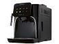 Black automatic coffee machine with a touchscreen display showing beverage options and settings.