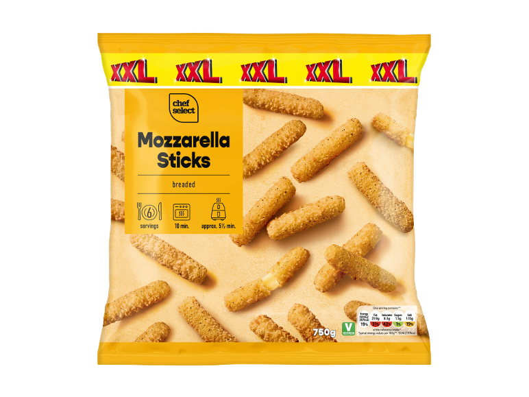 XXL Mozzarella Sticks, breaded, 750g, with nutritional information.