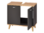 Dark grey bathroom vanity unit with a light wood top and wooden legs.