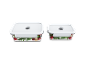 Two rectangular food storage containers with white lids and salad contents.