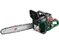 Chainsaw with a long blade and a green casing.