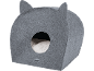 Grey felt cat cave with ears and a white cushion.