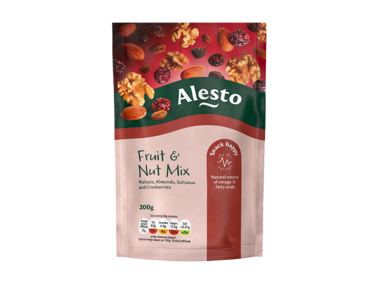 Fruit & Nut Mix with walnuts, almonds, sultanas, and cranberries, 200g pack.