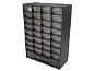 Small parts organizer with many transparent pull-out drawers.