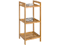 Three-tier bamboo shelf with folded white towels.