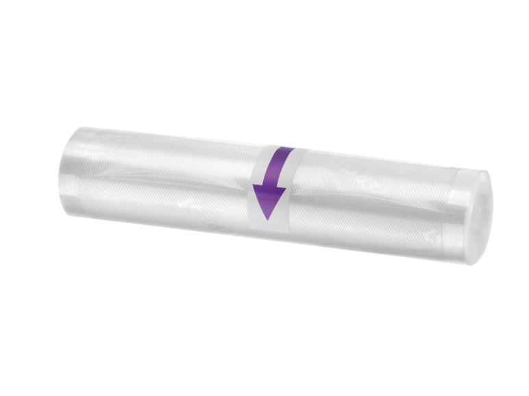 Roll of vacuum packaging film with a purple arrow
