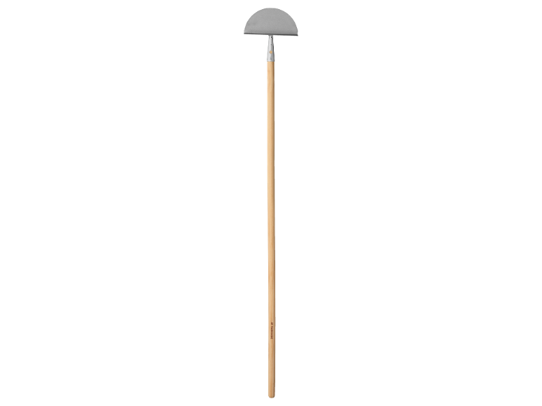 Garden hoe with a semicircular blade and a long wooden handle.