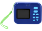 Blue kids' digital camera with a black screen and light blue buttons, with a green lanyard.