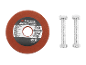 Grinding disc with specifications and two bolts on a black background.
