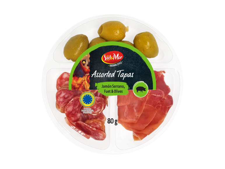 Assorted tapas with jamón serrano, fuet, and olives, Iberian style, 80 g.