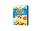 Box of milk chocolate pillows cereal with milk splash and chocolate pieces.