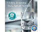 Water being poured into a glass, with text '1 filter, 4 weeks: 150L full of flavour' and certification logos.