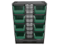 Storage organizer with green and clear drawers on a black background.
