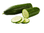 Fresh cucumbers, one whole and several sliced pieces on a black background.