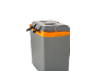 Grey and orange portable cool box with connected power cables.