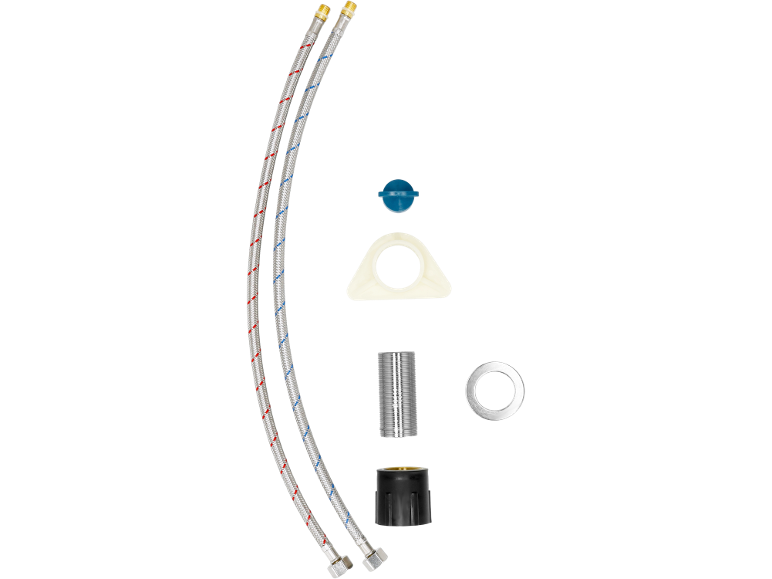 Faucet installation kit with two braided hoses, mounting hardware, and seals.