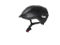 Black bicycle helmet with a visor and reflective elements.