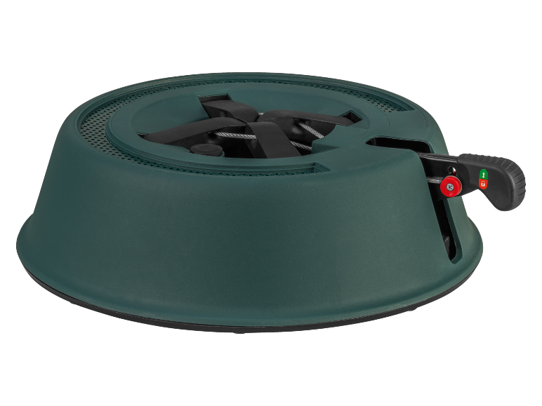 Green Christmas tree stand with a clamping mechanism and a locking lever.