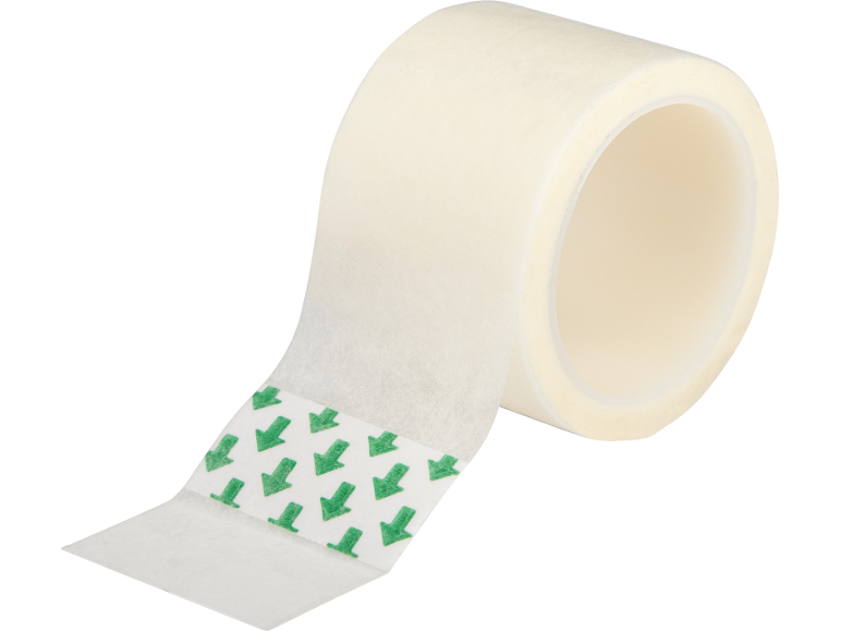 Roll of white medical tape with green arrows indicating direction.