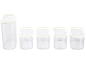 Set of five transparent food storage containers with white lids, in various sizes.